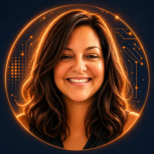 Illustrated portrait of Lori, The Rebel HR, smiling inside a glowing orange ring